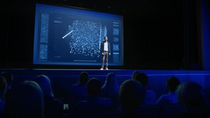 Aufkleber - Computer Science Startup Conference: On Stage Speaker Presents New Product, Talks about Neural Networks, Shows Artificial Intelligence App on Big Screen. Video with Vertical Screen Orientation 9:16