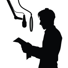 Young man with microphone in studio silhouette vector, radio broadcaster, singer