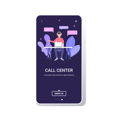 Poster - man helpline operator with headset sitting at workplace technical client support customer service ca
