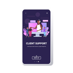 Poster - african american woman helpline operator with headset consulting mix race customers technical client