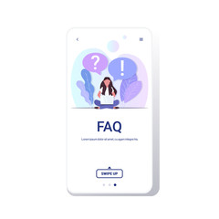 Poster - woman with question exclamation marks in chat bubble using laptop online support center frequently a