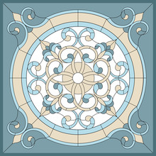 Ceiling Panels Stained Glass Window. Abstract Flower, Swirls And Leaves In Square Frame, Geometric Ornament, Symmetric Composition, Stained Glass Tiffany Technique, Classic Style. Vector