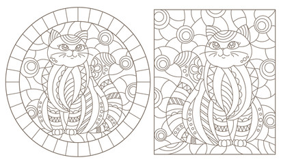  Set of contour illustrations of stained glass Windows with cute cartoon cats , dark contours on a white background