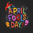 April Fool's Day design with hand drawn decorative lettering, laughing cartoon faces and jester hat. For greeting cards, banners, flyers, etc.