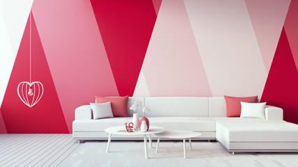 Valentine interior - Pink Red Rose Magenta Blush color Living room / 3D render interior