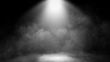 Divine Light Through A Dark Fog. The Rays Beam Light On The Floor. Spotlight On Isolated Background.
