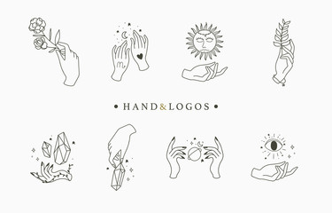 Sticker - Beauty occult logo collection with hand, rose,crystal,moon,eye,star.Vector illustration for icon,logo,sticker,printable and tattoo