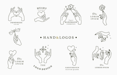 Sticker - Beauty occult logo collection with hand, rose,crystal,heart,dragonfly,star.Vector illustration for icon,logo,sticker,printable and tattoo