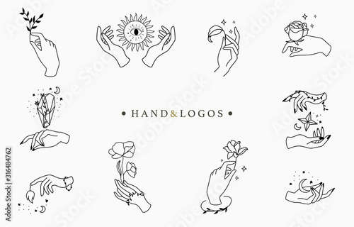 Fotomural Beauty occult logo collection with hand, rose,crystal,moon,star