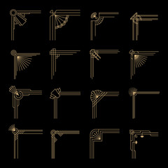 Art deco style corner set with golden lines on dark background - 1920s style border collection