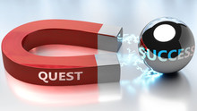 Quest Helps Achieving Success - Pictured As Word Quest And A Magnet, To Symbolize That Quest Attracts Success In Life And Business, 3d Illustration