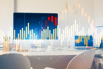 Stock market graph and table with computer background. Double exposure. Concept of financial analysis.