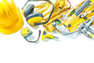 Wall Mural - big set of yellow construction tools isolated on white background