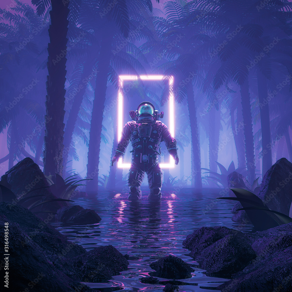 Valokuva Psychedelic jungle astronaut / 3D illustration of science fiction scene showing