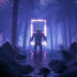 Psychedelic jungle astronaut / 3D illustration of science fiction scene showing surreal astronaut in neon lit swampy forest on water planet