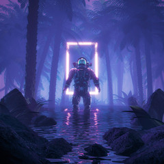 psychedelic jungle astronaut / 3d illustration of science fiction scene showing surreal astronaut in