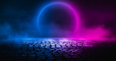 Wall Mural - background of empty stage, room. reflection on wet pavement, concrete. neon blurry lights. neon circ