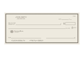 Blank bank cheque. Personal desk check template with empty field to fill. Banknote, money design,currency, bank note, voucher, gift certificate, money coupon vector illustration.