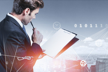 Poster - Man with clipboard in city, cloud computer