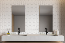 White Tile Bathroom Interior With Double Sink