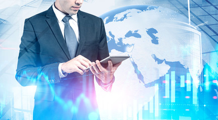 Poster - Man with tablet in city, international trade