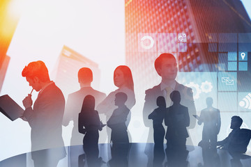 Poster - Business team in city, digital interface