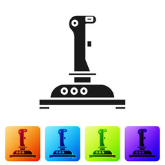 Poster - Black Joystick for arcade machine icon isolated on white background. Joystick gamepad. Set icons in color square buttons. Vector Illustration