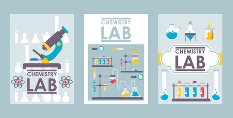 chemistry lab banners, vector illustration. scientific brochure cover design, laboratory booklet tem