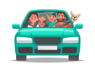 Happy family rides in a car. Dad, mom, children and a dog went on a vacation trip. Vector illustration