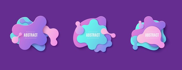 Wall Mural - Set of liquid geometric shapes in paper cut style. Collection of three gradient color memphis bubble layered cut out of cardboard. Modern vector banner with fluid violet, coral and blue splash.