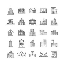 Building Icon Set In Flat Style. Town Skyscraper Apartment Vector Illustration On White Isolated Background. City Tower Business Concept.