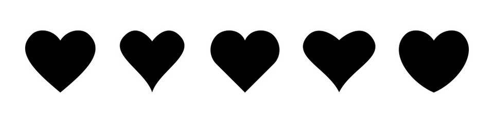 Set of heart vector icons isolated on white background. Vector illustration. Black flat design.