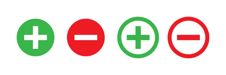 Poster - Plus and minus vector isolated green and red icon. Vector illustration. Plus icon simple add sign vector cross. Opportunity symbol. Check mark icon.
