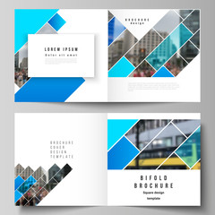 The vector illustration layout of two covers templates for square design bifold brochure, magazine, flyer, booklet. Abstract geometric pattern creative modern blue background with rectangles.