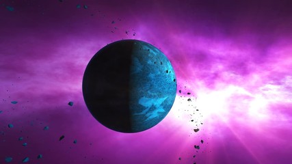 Wall Mural - asteroids or meteorites slowly move over abstract planets on a pink background. science fiction fant