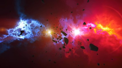 Wall Mural - asteroids or meteorites slowly move on the camera in a shinning nebula background. science fiction f