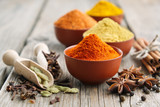 Aromatic spices and herbs: red pepper, turmeric, cardamom, cinnamon, cloves, anise, paprika. Ingredients for cooking. Ayurveda treatments
