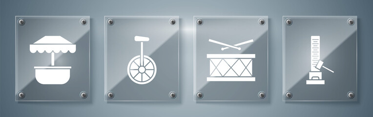 Sticker - Set High striker attraction with big hammer, Drum with drum sticks, Unicycle or one wheel bicycle and Attraction carousel. Square glass panels. Vector