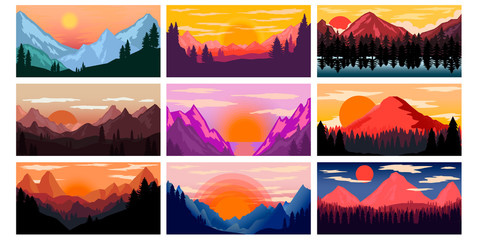 Wall Mural - Set of poster template with wild mountains landscape. Design element for banner, flyer, card. Vector illustration