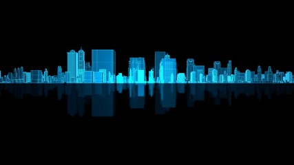 Poster - A flight to an abstract Futuristic holographic city concept with a reflective floor and in the black background.
