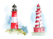 Watercolor Hand Drawn Lighthouses - Nautical Elements