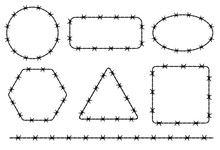 Geometric Shape Silhouette Of Barbed Wire. Vector Illustration Pattern, Texture. Isolated On White Background. Circle, Square, Oval And Triangle Border Ornament.
