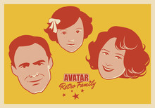 Avatar Retro Family. Cartoon Faces Woman, Man And Child Retro Style