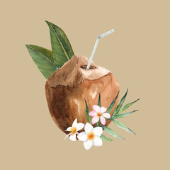 Wall Mural - Beautiful vector watercolor tropical coconut stock illustration. Ready for drink. With flowers, palm leaves and swizzale stick.