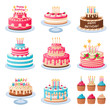 Cartoon cakes. Colorful delicious desserts, birthday cake with celebration candles and chocolate slices, holiday cupcakes vector set