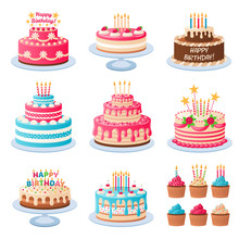 Cartoon Cakes. Colorful Delicious Desserts, Birthday Cake With Celebration Candles And Chocolate Slices, Holiday Cupcakes Vector Set