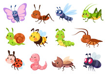 Cute Insects. Bugs Creatures Bee And Ladybug, Worm, Snail And Butterfly, Caterpillar. Mantis, Dragonfly And Fly Cartoon Vector Set