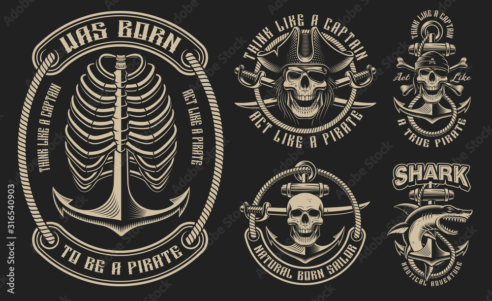 Set of vector illustrations for the pirate theme - obrazy, fototapety, plakaty 