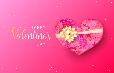 Wall Mural - happy valentines day greeting card. realistic decorative design elements heart shape gift box. vecto