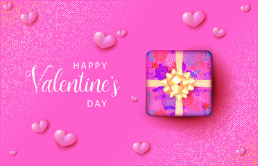 Wall Mural - happy valentines day greeting card. realistic decorative design elements gift box and hearts. vector